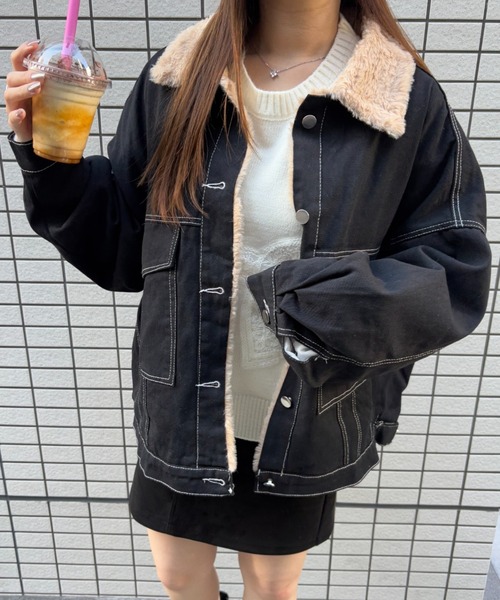 インナーファー ショートブルゾン S〜3XL 2color セール】インナーファー使いステッチブルゾン/オーバーサイズ
