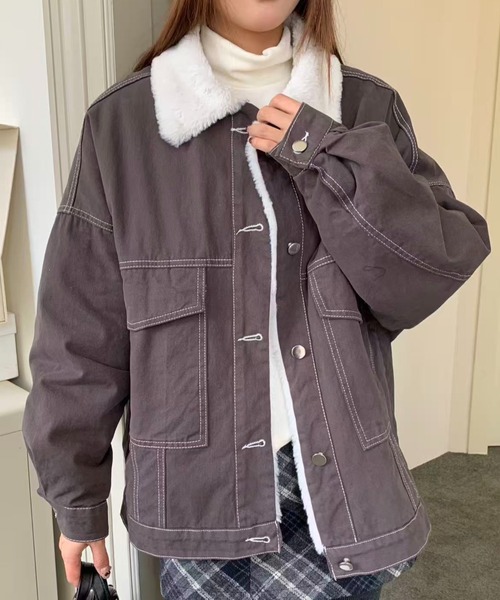 セール】【新色追加】インナーファー使いステッチブルゾン/オーバー