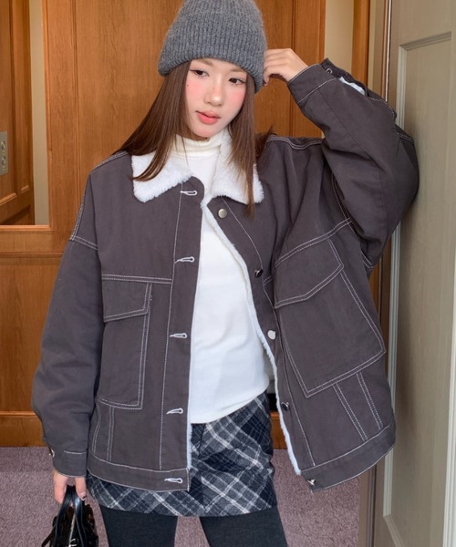 セール】【新色追加】インナーファー使いステッチブルゾン/オーバー