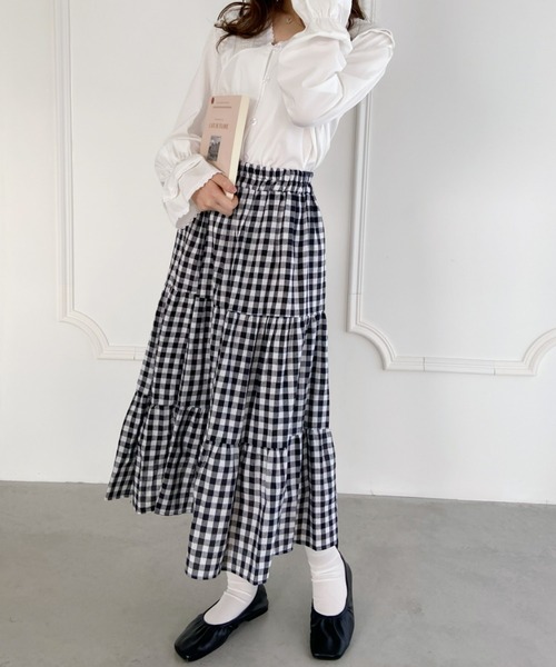 値下げ⭐︎Atelier d'antan ギンガムチェックスカート フロントタック]ギンガムチェック柄スカート | きれいめかわいい