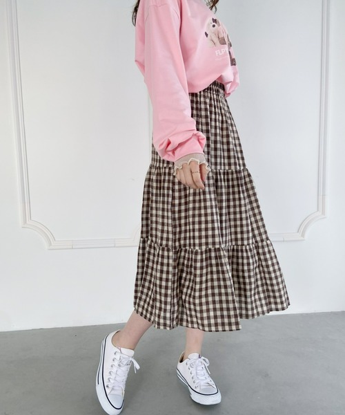 Loueme（ルエム）の「ギンガムチェックティアードロングスカート（スカート・レディース・ブラック/ブラウン・FREE）」の13枚目の写真