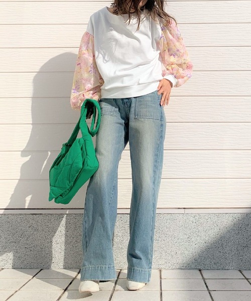 Q(キュー)の「フラワースリーブトップス(Tシャツ/カットソー・レディース・アイボリー/チャコールグレー・MEDIUM)」の9枚目の写真