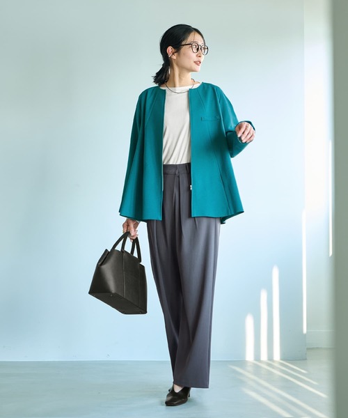 STYLE DELI(スタイルデリ)の「【Made in JAPAN】Aラインノーカラージップ ジャケット(ノーカラージャケット・レディース・グリーン/ネイビー/グレイッシュベージュ・FREE)」の10枚目の写真