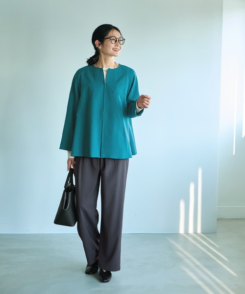 STYLE DELI(スタイルデリ)の「【Made in JAPAN】Aラインノーカラージップ ジャケット(ノーカラージャケット・レディース・グリーン/ネイビー/グレイッシュベージュ・FREE)」の14枚目の写真