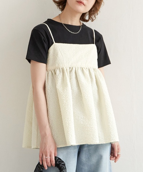 notch.(ノッチ)の「ふくれジャガードペプラムキャミソール(キャミソール・レディース・ブラック/オフホワイト・M)」の2枚目の写真