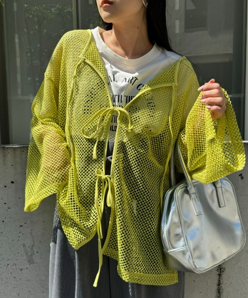 CIAOPANIC TYPY（チャオパニックティピー）の「【リバイバル/WEB限定】2WAYコットンメッシュ編みリボンカーディガン（カーディガン/ボレロ・レディース・ブラック/サックスブルー/アイボリー/ブラウン/ピンク/オレンジ/ライム/ベージュ・ONE SIZE）」の6枚目の写真