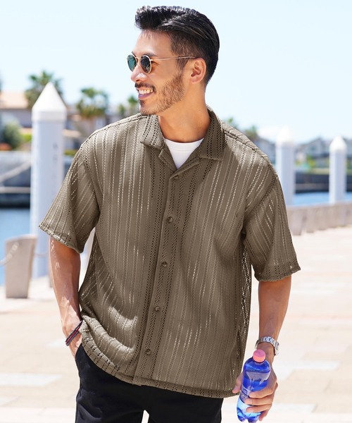 jiggys shop(ジギーズショップ)の「透かし編み シア―シャツ 半袖シャツ(シャツ/ブラウス・メンズ・ブラック/モカ・MEDIUM/LARGE/X-LARGE)」の1枚目の写真