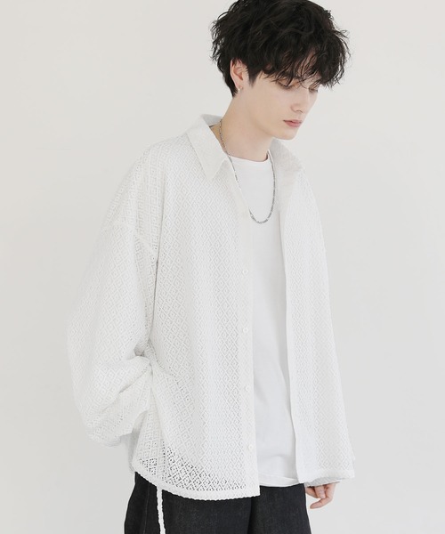 LILL（リル）の「サイドコードシアーレースシャツ（シャツ/ブラウス・メンズ・ブラック/ホワイト・S/XL/L/M）」の7枚目の写真