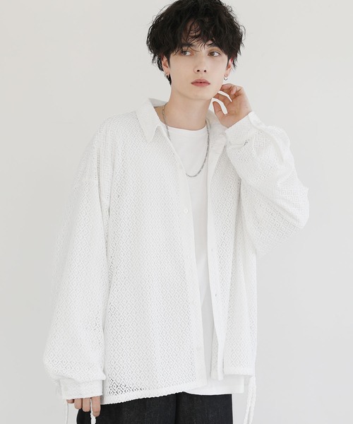 LILL（リル）の「サイドコードシアーレースシャツ（シャツ/ブラウス・メンズ・ブラック/ホワイト・S/XL/L/M）」の9枚目の写真
