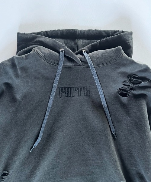 PRANK PROJECT（プランクプロジェクト）の「FAITHダメージフーディ / FAITH Damaged Hoodie（パーカー・レディース・チャコールグレー/ライトグレー・FREE）」の7枚目の写真