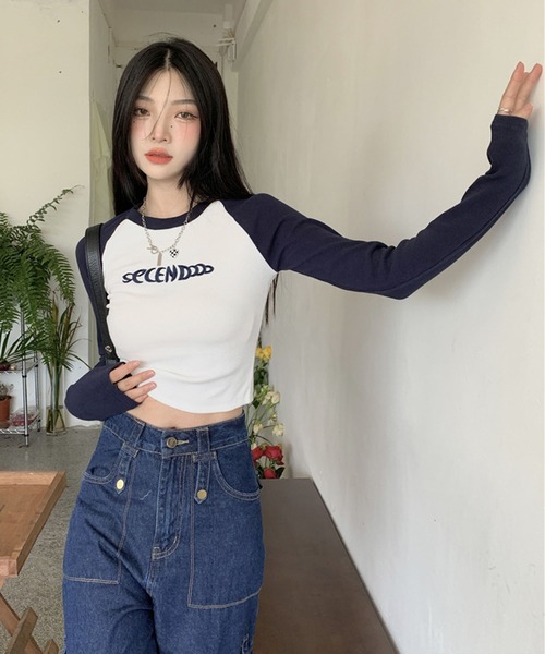 ラグラン配色ロゴプリントロンT（Tシャツ/カットソー
