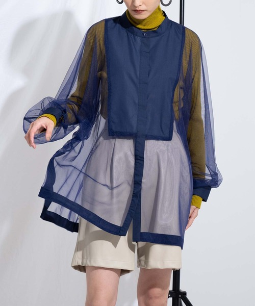 Settimissimo（セッティミッシモ）の「ノーカラー チュールレース シアーシャツ ロングシャツ 長袖シャツ（シャツ/ブラウス・レディース・ブラック/ネイビー/アイボリー・M）」の3枚目の写真