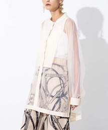 ノーカラー チュールレース シアーシャツ ロングシャツ 長袖シャツ