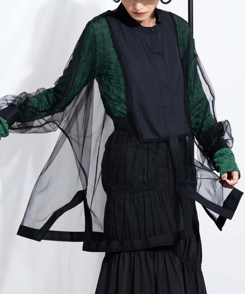 Settimissimo（セッティミッシモ）の「ノーカラー チュールレース シアーシャツ ロングシャツ 長袖シャツ（シャツ/ブラウス・レディース・ブラック/ネイビー/アイボリー・M）」の2枚目の写真