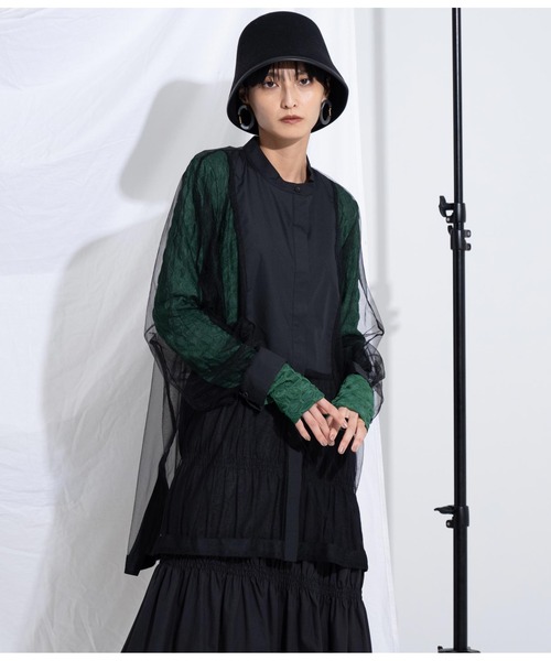 Settimissimo（セッティミッシモ）の「ノーカラー チュールレース シアーシャツ ロングシャツ 長袖シャツ（シャツ/ブラウス・レディース・ブラック/ネイビー/アイボリー・M）」の21枚目の写真