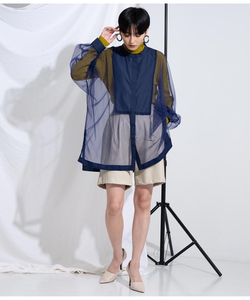 Settimissimo（セッティミッシモ）の「ノーカラー チュールレース シアーシャツ ロングシャツ 長袖シャツ（シャツ/ブラウス・レディース・ブラック/ネイビー/アイボリー・M）」の13枚目の写真