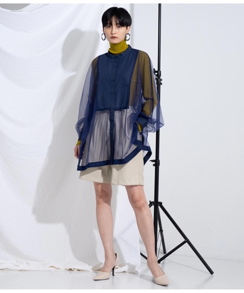 Settimissimo（セッティミッシモ）の「ノーカラー チュールレース シアーシャツ ロングシャツ 長袖シャツ（シャツ/ブラウス・レディース・ブラック/ネイビー/アイボリー・M）」の12枚目の写真