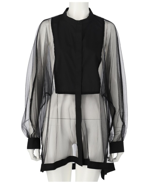 Settimissimo（セッティミッシモ）の「ノーカラー チュールレース シアーシャツ ロングシャツ 長袖シャツ（シャツ/ブラウス・レディース・ブラック/ネイビー/アイボリー・M）」の9枚目の写真