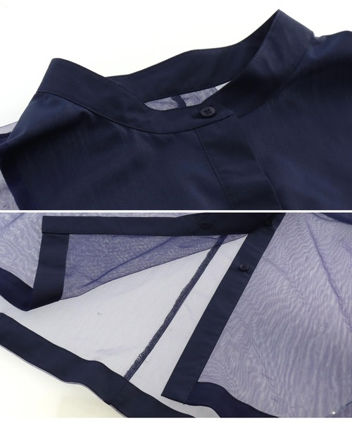 Settimissimo（セッティミッシモ）の「ノーカラー チュールレース シアーシャツ ロングシャツ 長袖シャツ（シャツ/ブラウス・レディース・ブラック/ネイビー/アイボリー・M）」の4枚目の写真