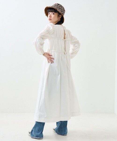 セール】バックリボン 配色 ステッチ シャーリング ワンピース