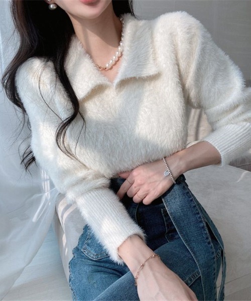 tolene(トレネ)の「シャギーポロニットプルオーバー(ニット/セーター・レディース・ホワイト/ベージュ・FREE)」の7枚目の写真