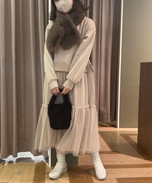 Sugar spoon（シュガースプーン）の「・SUGAR　SPOON　チュールドッキングワンピース（ワンピース・レディース・チャコールグレー/ベージュ/ブラック・FREE）」の4枚目の写真