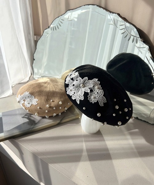 ROYAL PARTY（ロイヤルパーティー）の「パールレースベレー（ハンチング/ベレー帽・レディース・ブラック/ベージュ・FREE）」の3枚目の写真