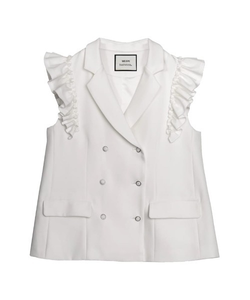 【KAREN MILLEN】フリル タフタ ストレッチ テーラード ミディ 2024SS COLLECTION][MEISM by Re:EDIT]肩フリルダブルボタン