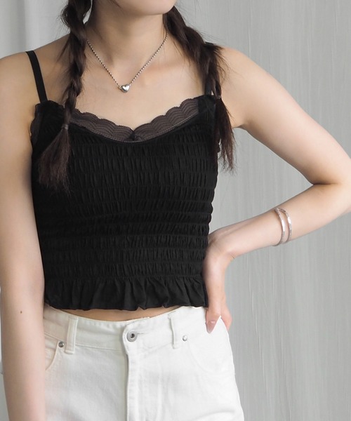 黒 シャーリングキャミソール カップ付き 】シャーリングギャザードレープキャミソール
