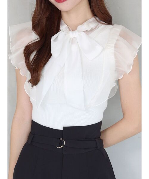 MERCURYDUO(マーキュリーデュオ)の「2WAYオーガンジードッキングラッフルニット(ニット/セーター・レディース・ラベンダー/オフホワイト/ブラック・FREE)」の2枚目の写真