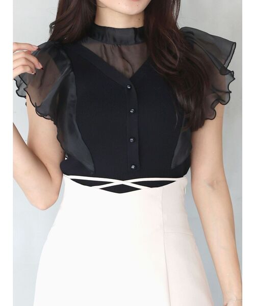 MERCURYDUO(マーキュリーデュオ)の「2WAYオーガンジードッキングラッフルニット(ニット/セーター・レディース・ラベンダー/オフホワイト/ブラック・FREE)」の4枚目の写真