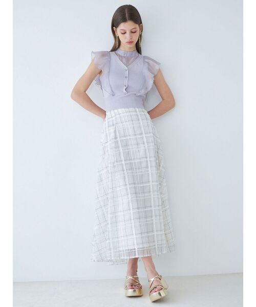 MERCURYDUO(マーキュリーデュオ)の「2WAYオーガンジードッキングラッフルニット(ニット/セーター・レディース・ラベンダー/オフホワイト/ブラック・FREE)」の5枚目の写真