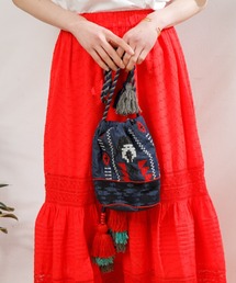 LEIN 幾何学柄刺繍巾着バッグ ブルー
