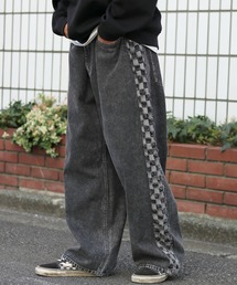 Salong hameu | チェックサイドライン フリンジ ケミカルウォッシュデニムワイドパンツ メンズ レディース(デニムパンツ)