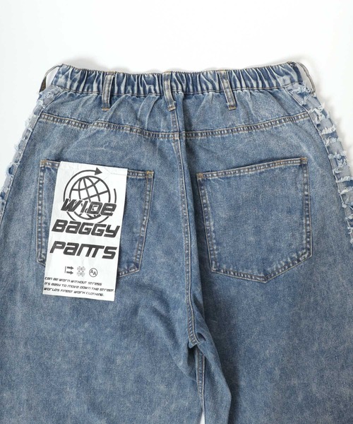 Salong hameu（サロン ハミュー）の「チェックサイドライン フリンジ ケミカルウォッシュデニムワイドパンツ メンズ レディース（デニムパンツ・メンズ・ブラック系その他/インディゴブルー・L/M）」の10枚目の写真