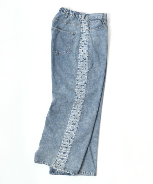 Salong hameu（サロン ハミュー）の「チェックサイドライン フリンジ ケミカルウォッシュデニムワイドパンツ メンズ レディース（デニムパンツ・メンズ・ブラック系その他/インディゴブルー・L/M）」の7枚目の写真