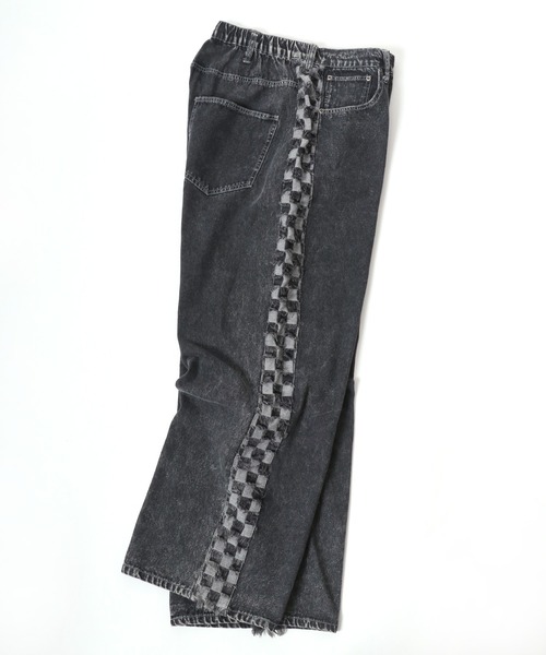 Salong hameu（サロン ハミュー）の「チェックサイドライン フリンジ ケミカルウォッシュデニムワイドパンツ メンズ レディース（デニムパンツ・メンズ・ブラック系その他/インディゴブルー・L/M）」の4枚目の写真