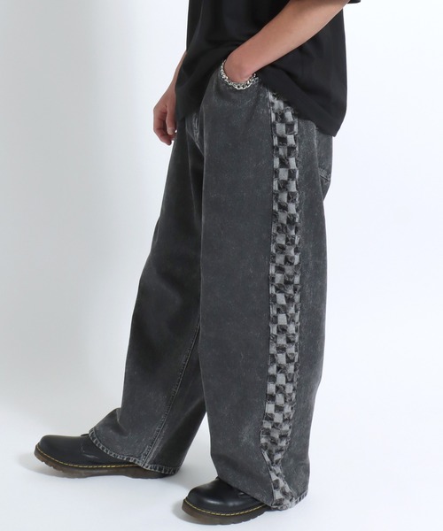 Salong hameu（サロン ハミュー）の「チェックサイドライン フリンジ ケミカルウォッシュデニムワイドパンツ メンズ レディース（デニムパンツ・メンズ・ブラック系その他/インディゴブルー・L/M）」の20枚目の写真