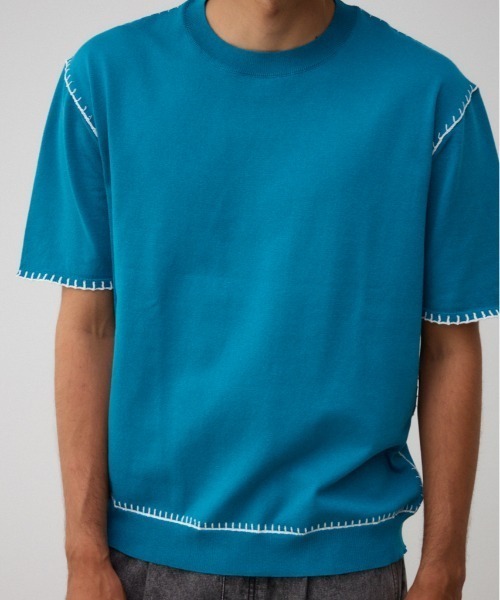 AZUL by moussy(アズールバイマウジー)の「ブランケットステッチ半袖ニット(ニット/セーター・メンズ・オフホワイト/ブルー/ブラック/ライトグレー・FREE)」の4枚目の写真