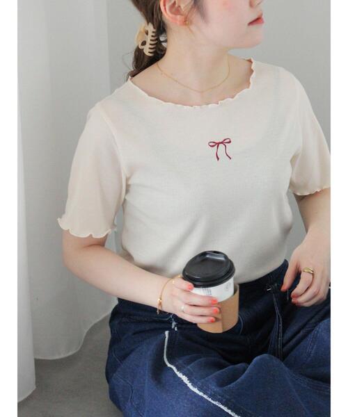 2色 カジュアル リボン刺繍半袖 Tシャツ スリム カットソー セール】リボン刺繍カットソー（Tシャツ/カットソー）｜ehka