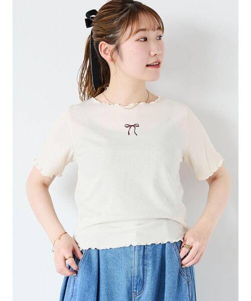 2色 カジュアル リボン刺繍半袖 Tシャツ スリム カットソー セール】リボン刺繍カットソー（Tシャツ/カットソー）｜ehka