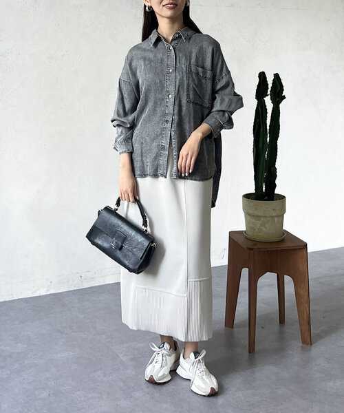 ブラウス シャツ BACKギャザーパウダー加工デニムシャツ レディース Chez toi ブラウス シャツ BACKギャザーパウダー加工デニム
