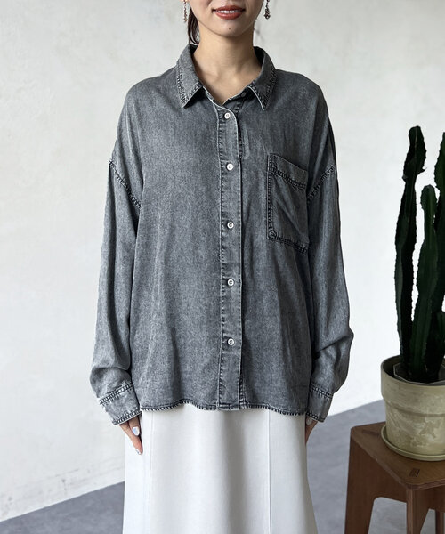 ブラウス シャツ BACKギャザーパウダー加工デニムシャツ レディース Chez toi ブラウス シャツ BACKギャザーパウダー加工デニム