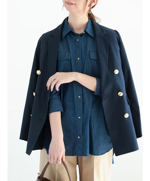 Te chichi(テチチ)の「ダブルブレストテーラードジャケット(ノーカラージャケット・レディース・ベージュ/ネイビー・F)」の3枚目の写真