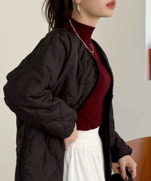TREOVER(トレオーバー)の「キルティング中綿ジャケット(ノーカラージャケット・レディース・ブラック/アイボリー/カーキ/ベージュ・FREE)」の14枚目の写真