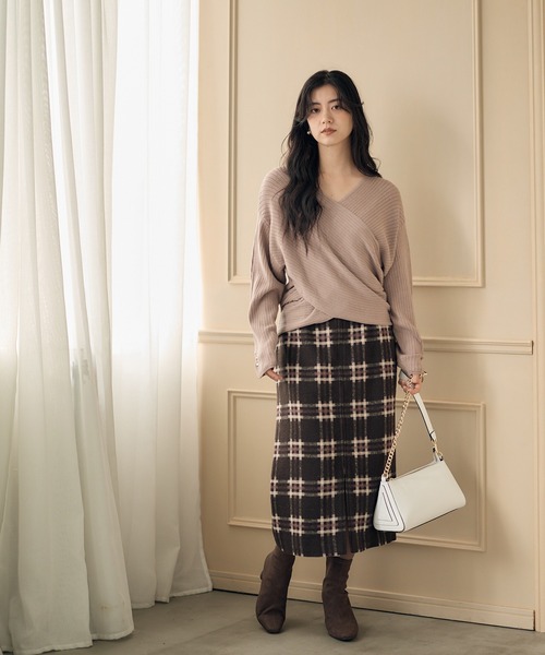 12Twelve Agenda（トゥエルブ　アジェンダ）の「カシュクールワイドリブニットプルオーバー（ニット/セーター・レディース・チャコールグレー/ピンクベージュ/グレイッシュベージュ・M）」の13枚目の写真
