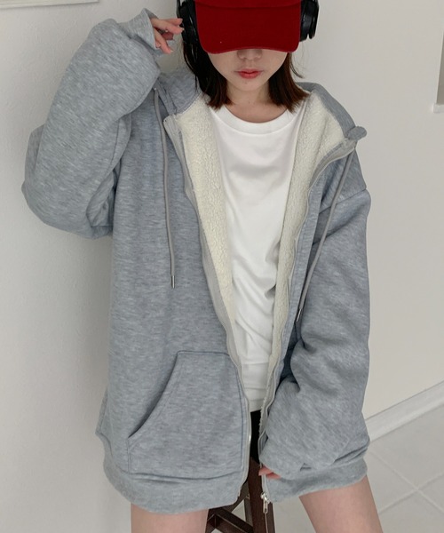 SHEPP(シープ)の「裏ボア ジップアップパーカー(パーカー・レディース・ブラック/グレー・M/L/XL/XXL)」の2枚目の写真