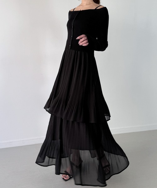 セール】セミオフショルニットカーデ＋プリーツドッキングキャミ