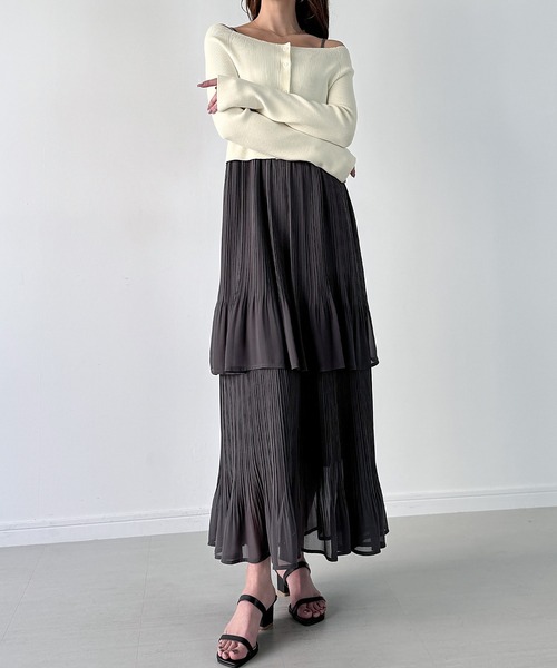 セミオフショルニットカーデ＋プリーツドッキングキャミワンピースJOUNOAH セミオフショルニットカーデ＋プリーツドッキングキャミ