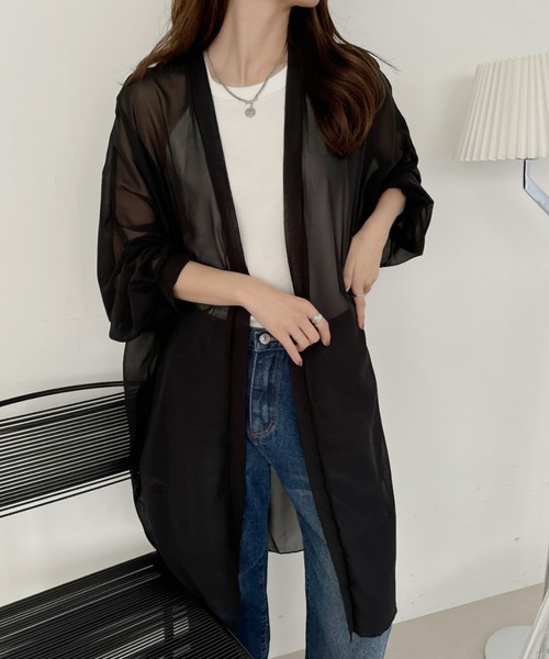 TREOVER(トレオーバー)の「エアリーな透け感が大人可愛い! シフォン ボリュームスリーブ ロングカーディガン(カーディガン/ボレロ・レディース・ブラック/ライトブルー/パープル/ライトグリーン/アイボリー・FREE)」の11枚目の写真
